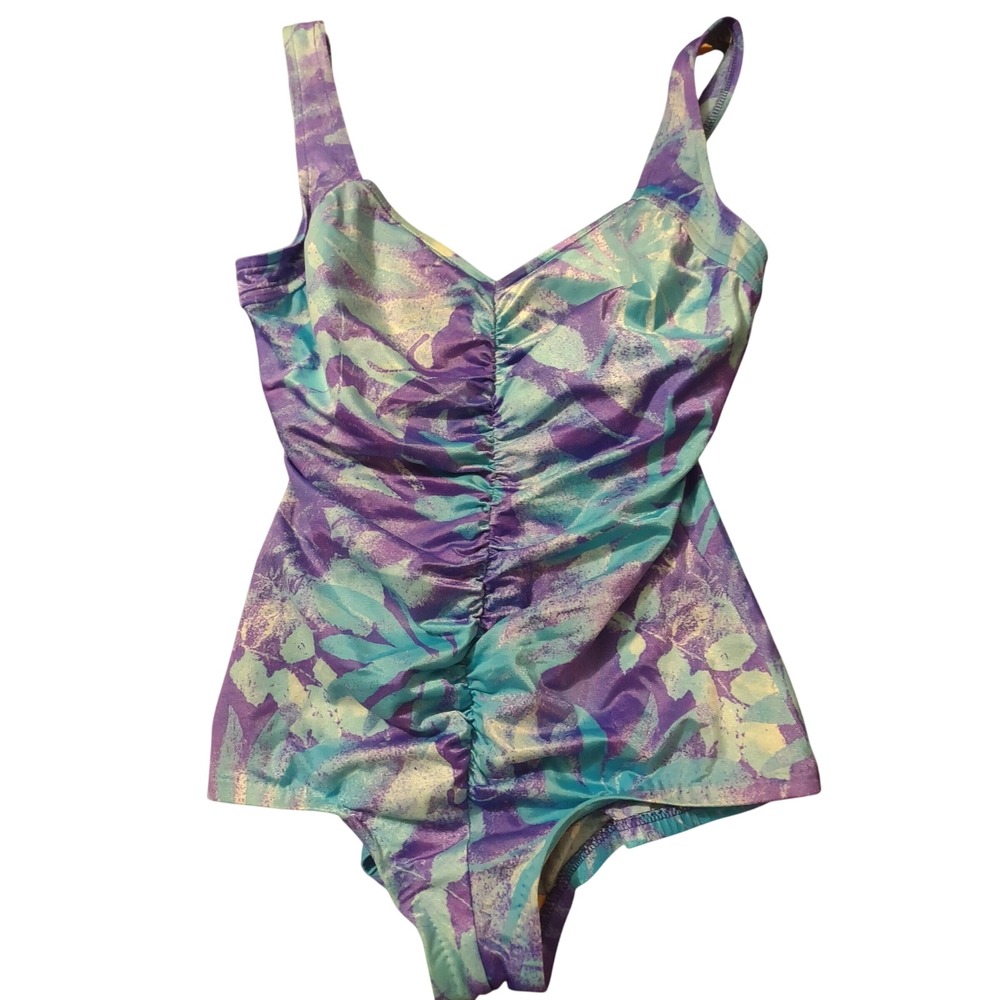 Maxine of Hollywood Vintage One Piece Swimsuit Purple Teal Floral Pin Up 18W USA